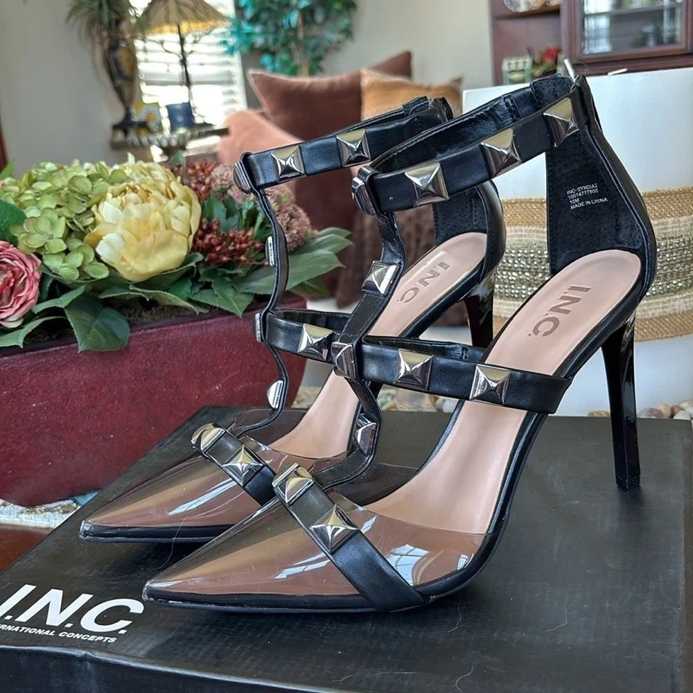Brand New INC Syndia Pyramid Studded Black Stiletto Heels Clear Pointed Toe Cage
